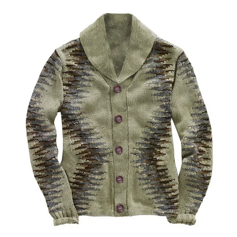 Men's Vintage Geometric Jacquard Lapel Single-Breasted Knitted Cardigan 67290867M