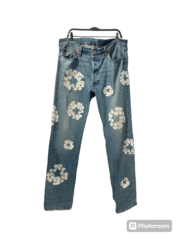 DENIM TEARS/Straight Pants/36/Denim/BLU/All Over Print/EMBROIDERED PATCHS