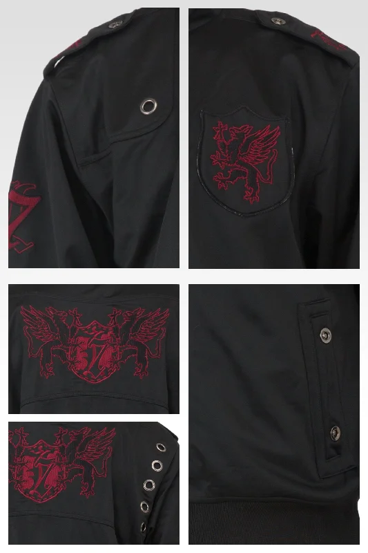 Men's Black Poly Performance Full Zip Track Jacket With Burgundy Embroidery Patches & Epaulets