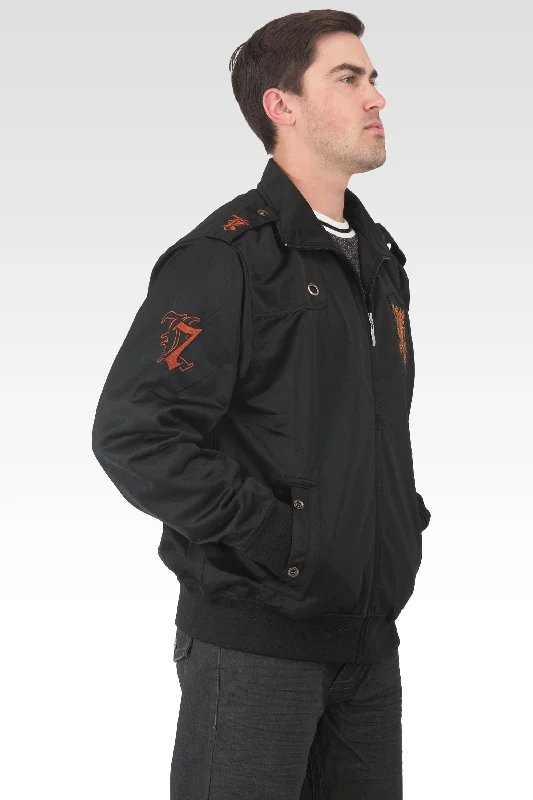 Men's Black Poly Performance Full Zip Track Jacket With Cinnamon Embroidery Patches & Epaulets